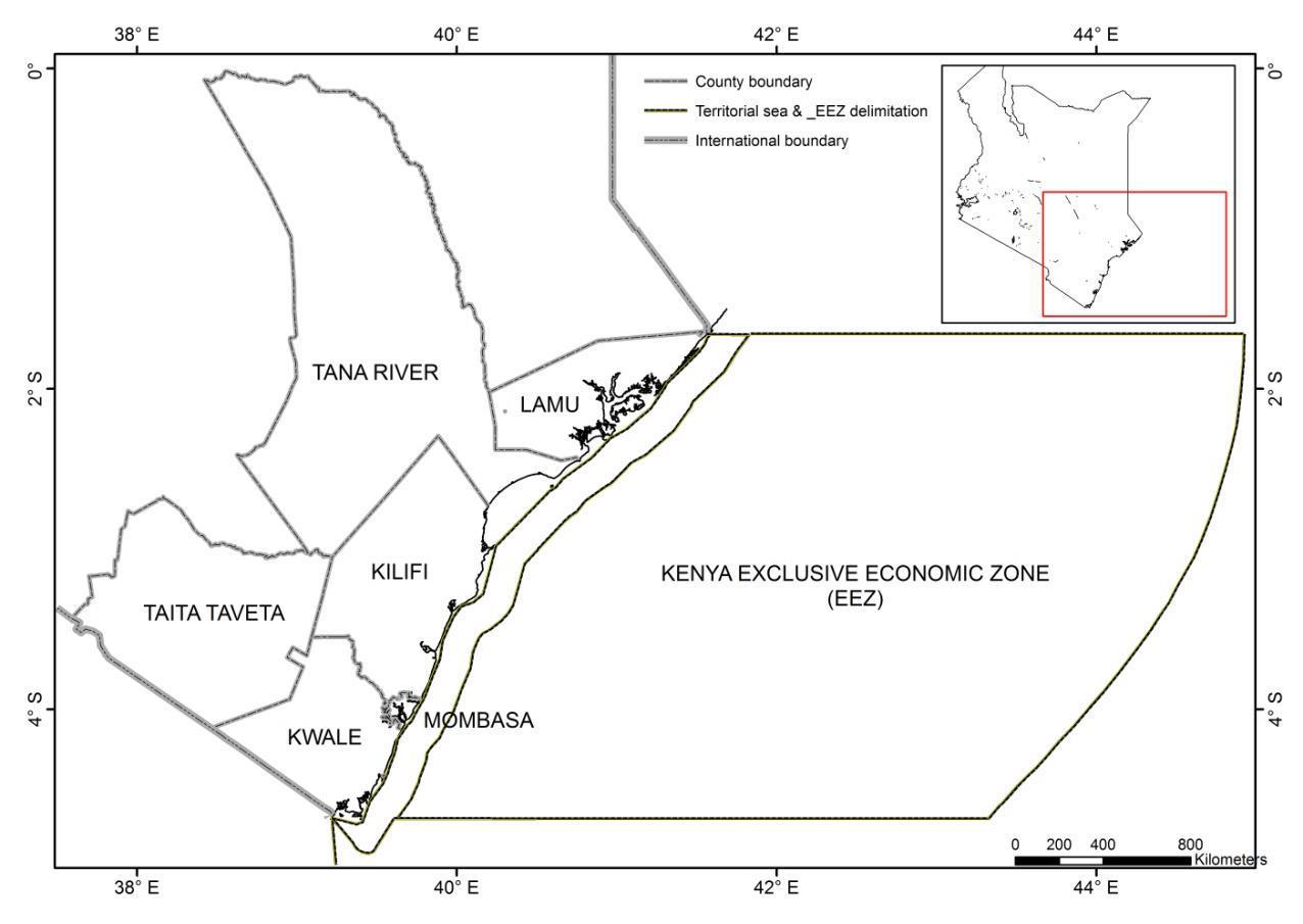 Map of the Kenya coast showing the coastal counties and the Kenyan EEZ boundary